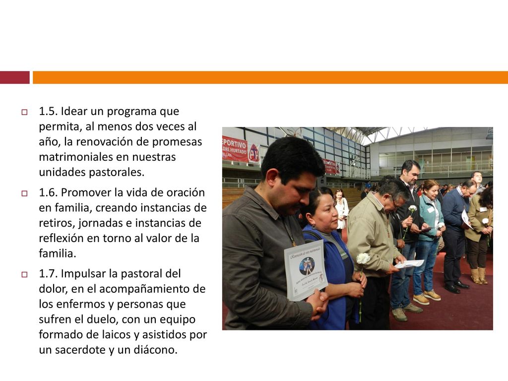 1.5. Idear un programa que permita, al menos dos veces al año, la renovación de promesas matrimoniales en nuestras unidades pastorales.