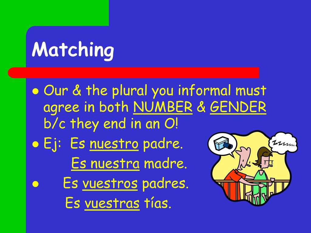 Matching Our & the plural you informal must agree in both NUMBER & GENDER b/c they end in an O! Ej: Es nuestro padre.