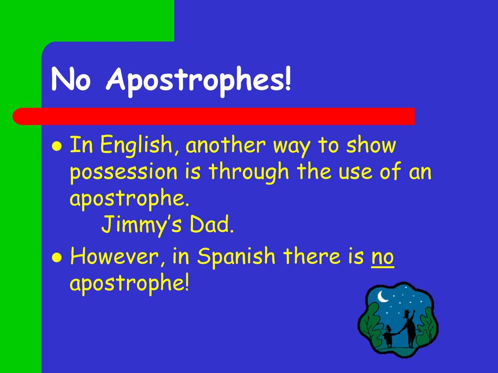 No Apostrophes! In English, another way to show possession is through the use of an apostrophe. Jimmy’s Dad.