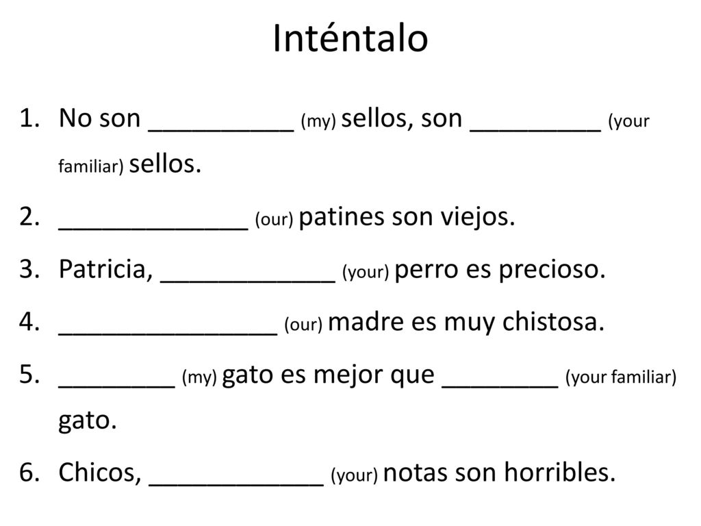 Inténtalo No son __________ (my) sellos, son _________ (your familiar) sellos. _____________ (our) patines son viejos.