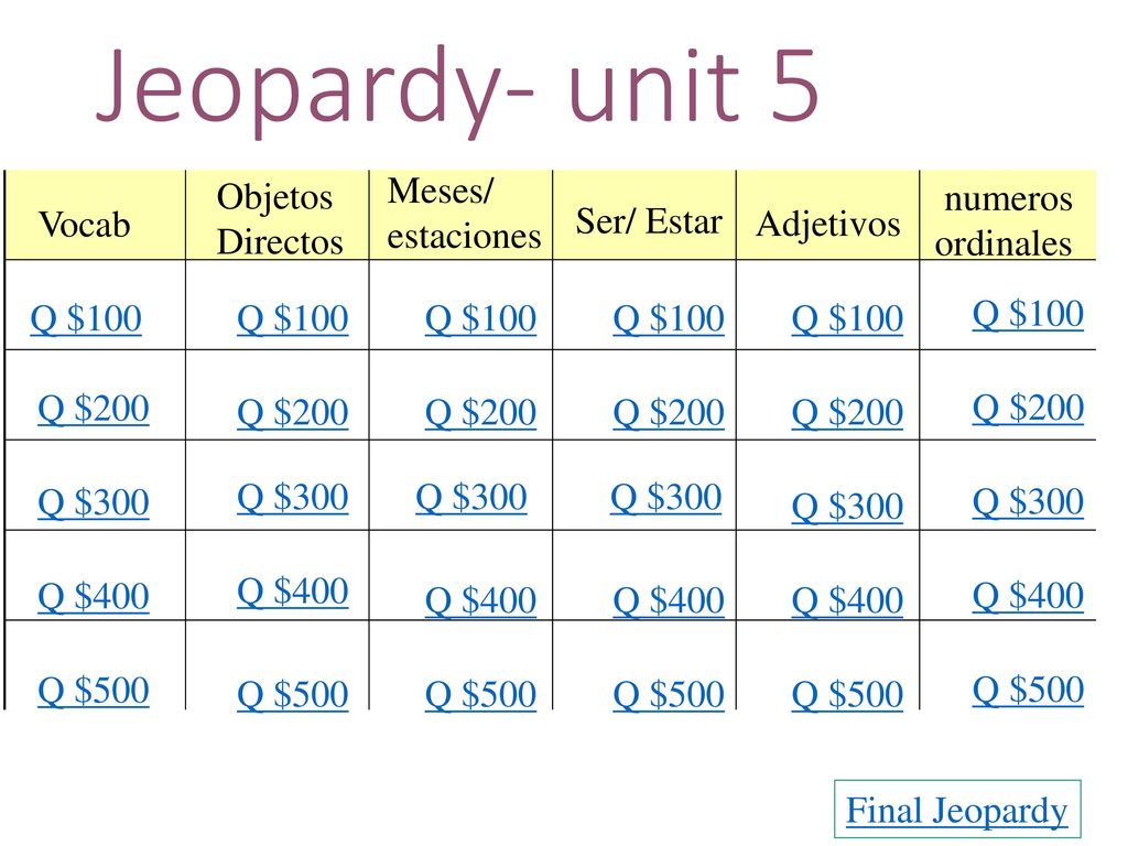 Jeopardy- unit 5 Objetos Directos Meses/ estaciones numeros ordinales