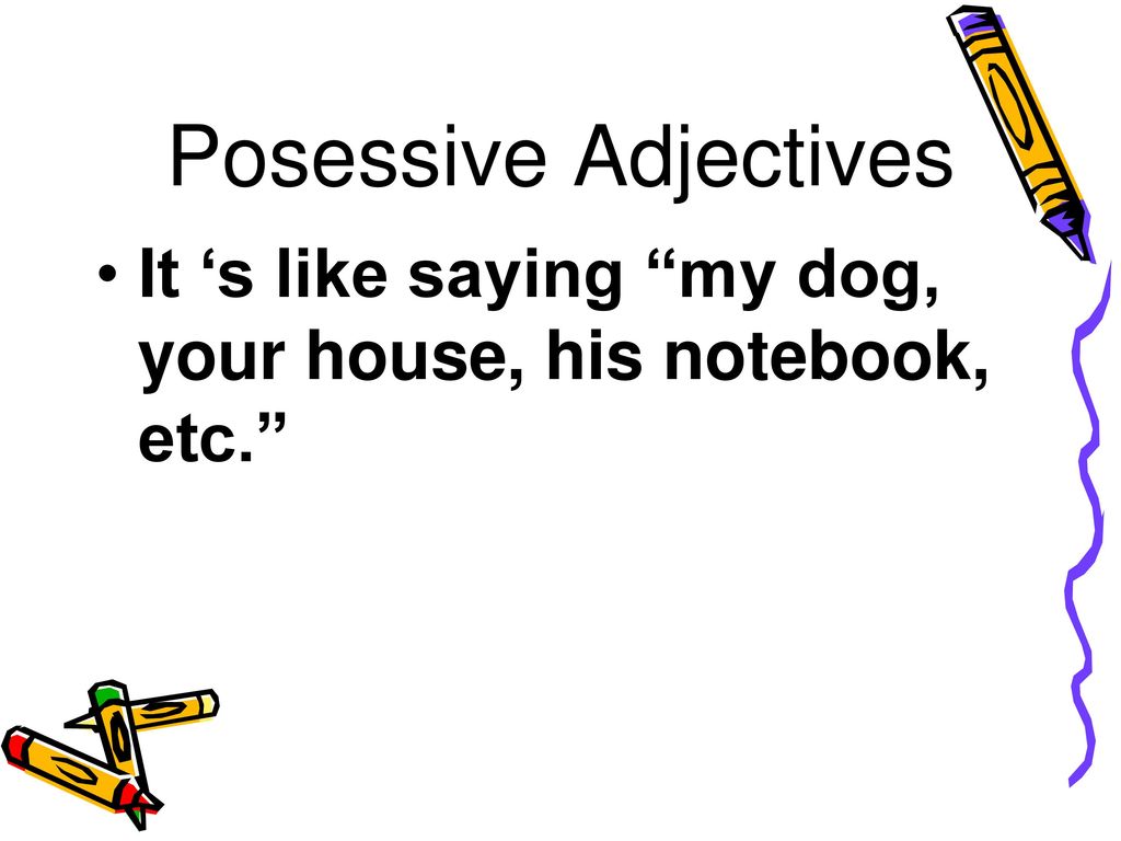 Posessive Adjectives It ‘s like saying my dog, your house, his notebook, etc.