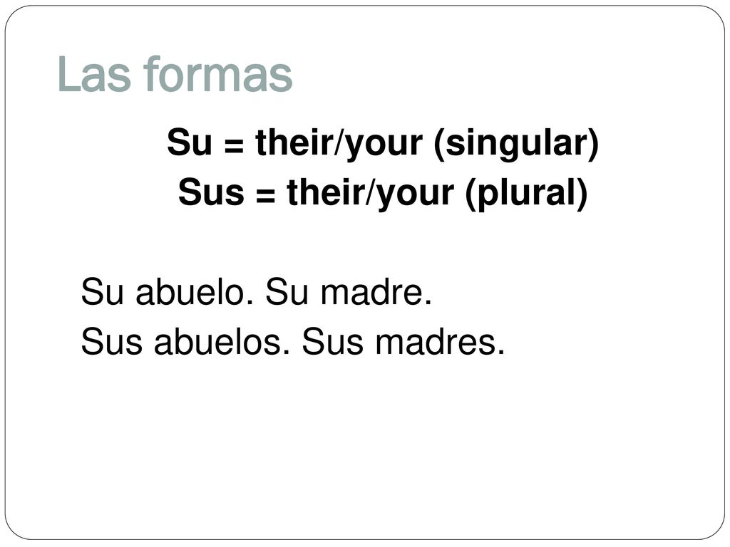 Las formas Su = their/your (singular) Sus = their/your (plural) Su abuelo.