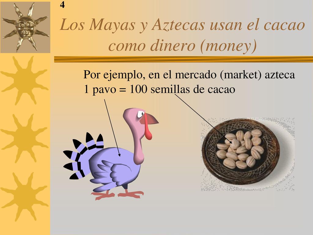 Los Mayas y Aztecas usan el cacao como dinero (money)