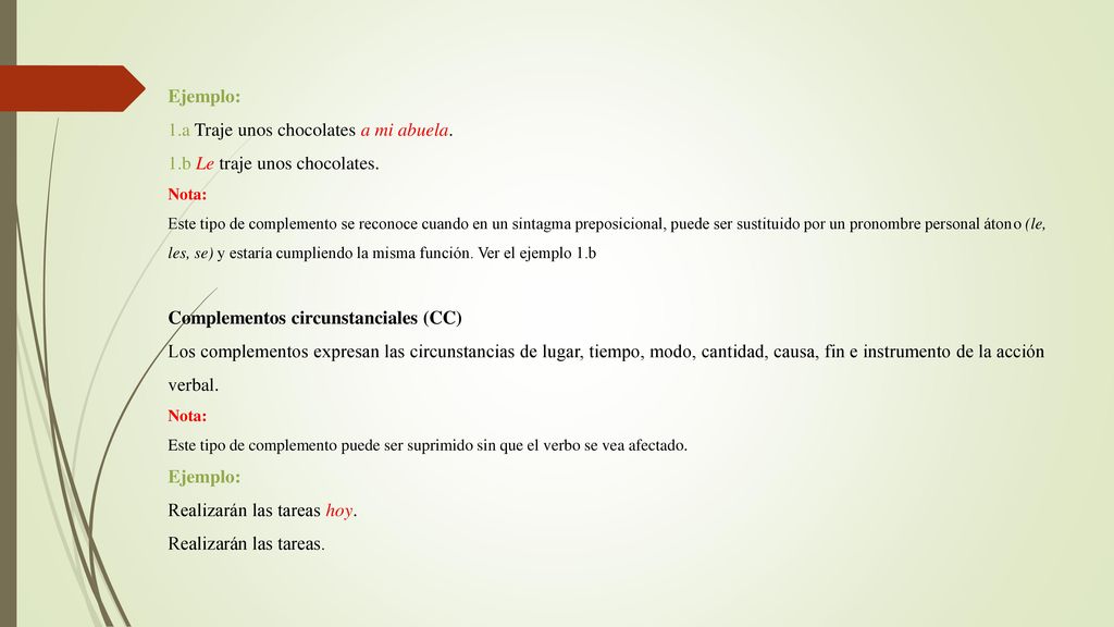 Ejemplo: 1. a Traje unos chocolates a mi abuela. 1