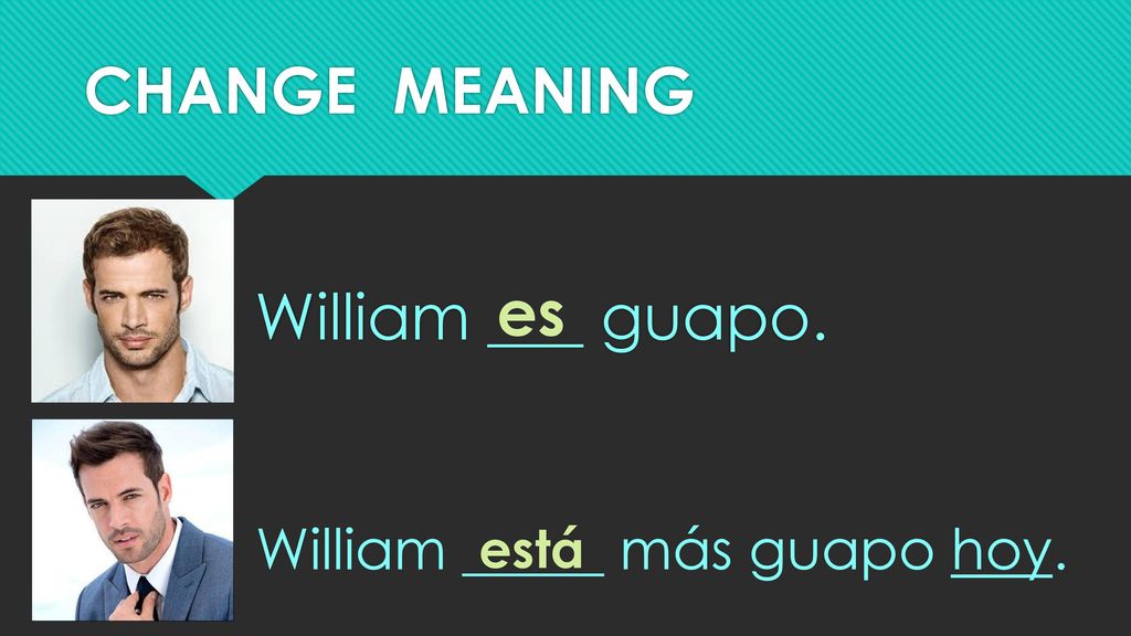 CHANGE MEANING William ___ guapo. es William _____ más guapo hoy. está
