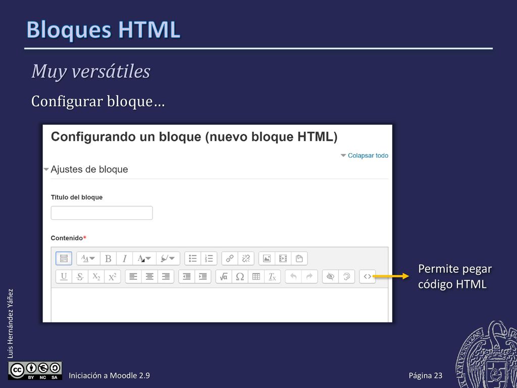 Bloques HTML Un video de YouTube Control+C Iniciación a Moodle 2.9
