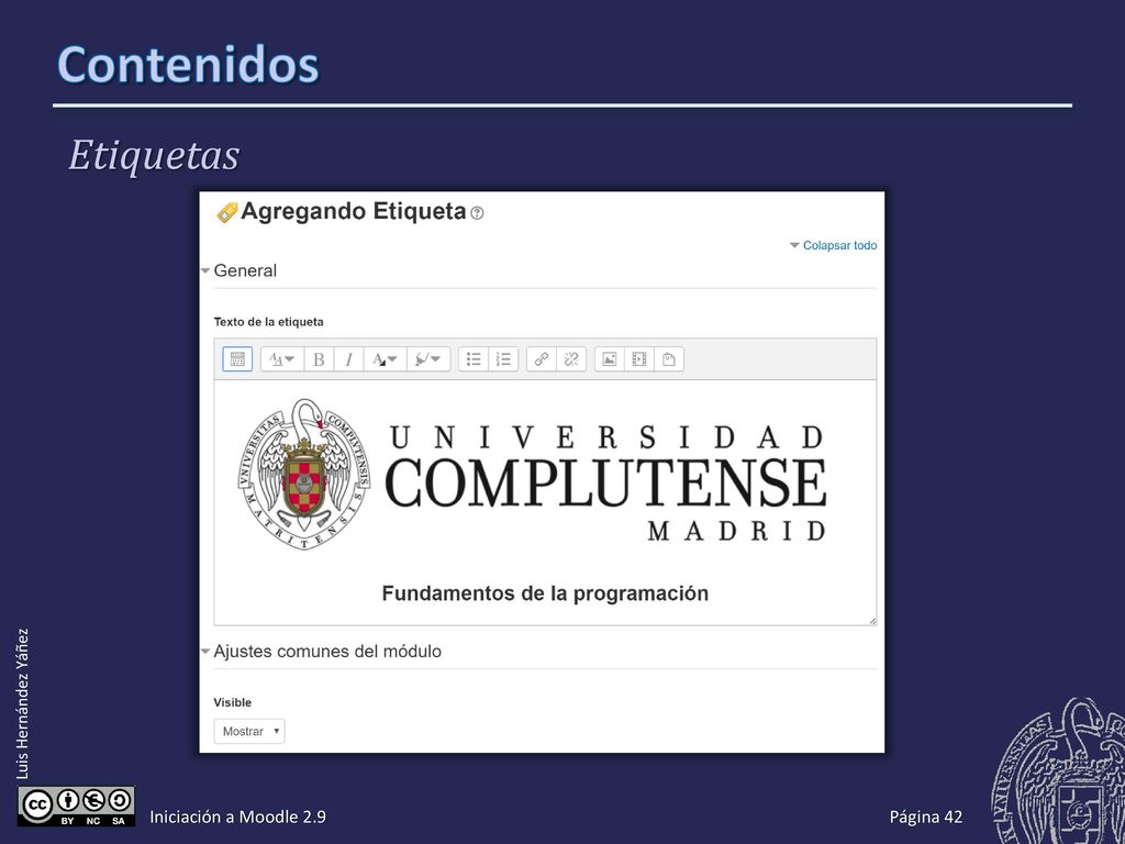 Contenidos Etiquetas No tiene sentido para etiquetas (no son actividades) Iniciación a Moodle 2.9