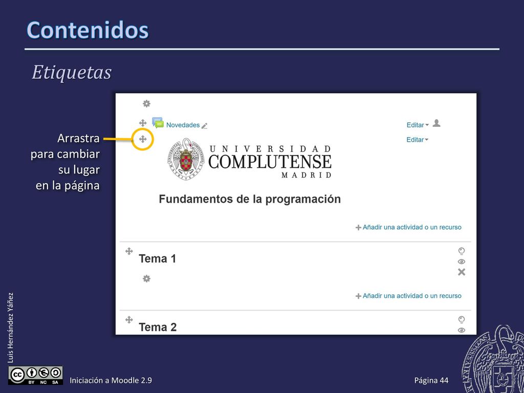 Contenidos Configuración de los elementos Marcar como tema actual