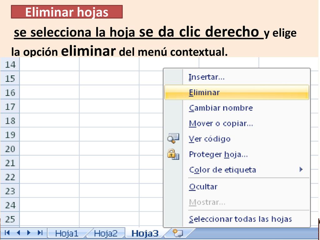 Eliminar hojas se selecciona la hoja se da clic derecho y elige la opción eliminar del menú contextual.