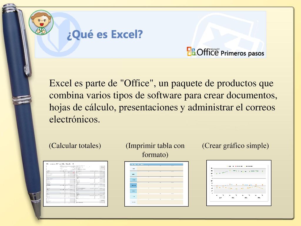 Excel es parte de Office , un paquete de productos que combina varios tipos de software para crear documentos, hojas de cálculo, presentaciones y administrar el correos electrónicos.