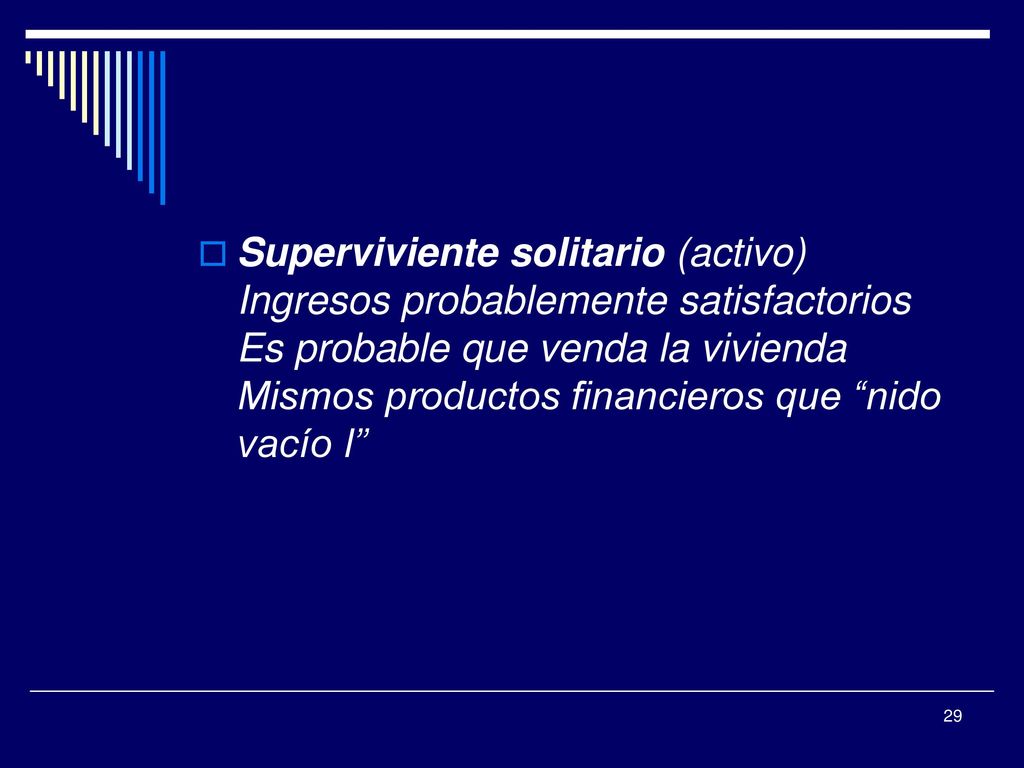Superviviente solitario (activo) Ingresos probablemente satisfactorios Es probable que venda la vivienda Mismos productos financieros que nido vacío I