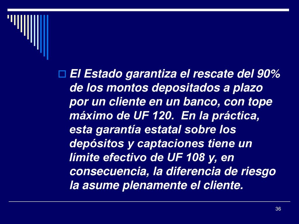 El Estado garantiza el rescate del 90% de los montos depositados a plazo por un cliente en un banco, con tope máximo de UF 120.