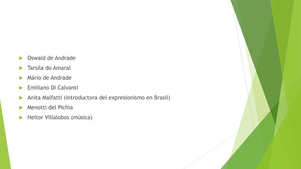 Oswald de Andrade Tarsila do Amaral. Mário de Andrade. Emiliano Di Calvanti. Anita Malfatti (introductora del expresionismo en Brasil)