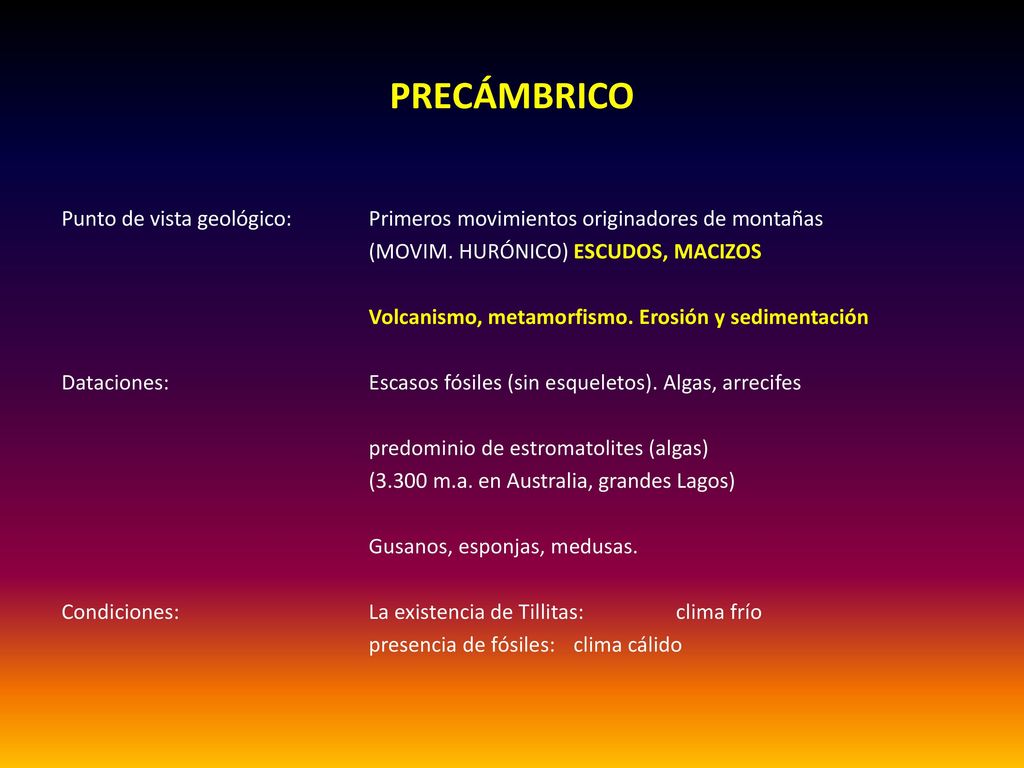 PRECÁMBRICO Punto de vista geológico: Primeros movimientos originadores de montañas. (MOVIM. HURÓNICO) ESCUDOS, MACIZOS.