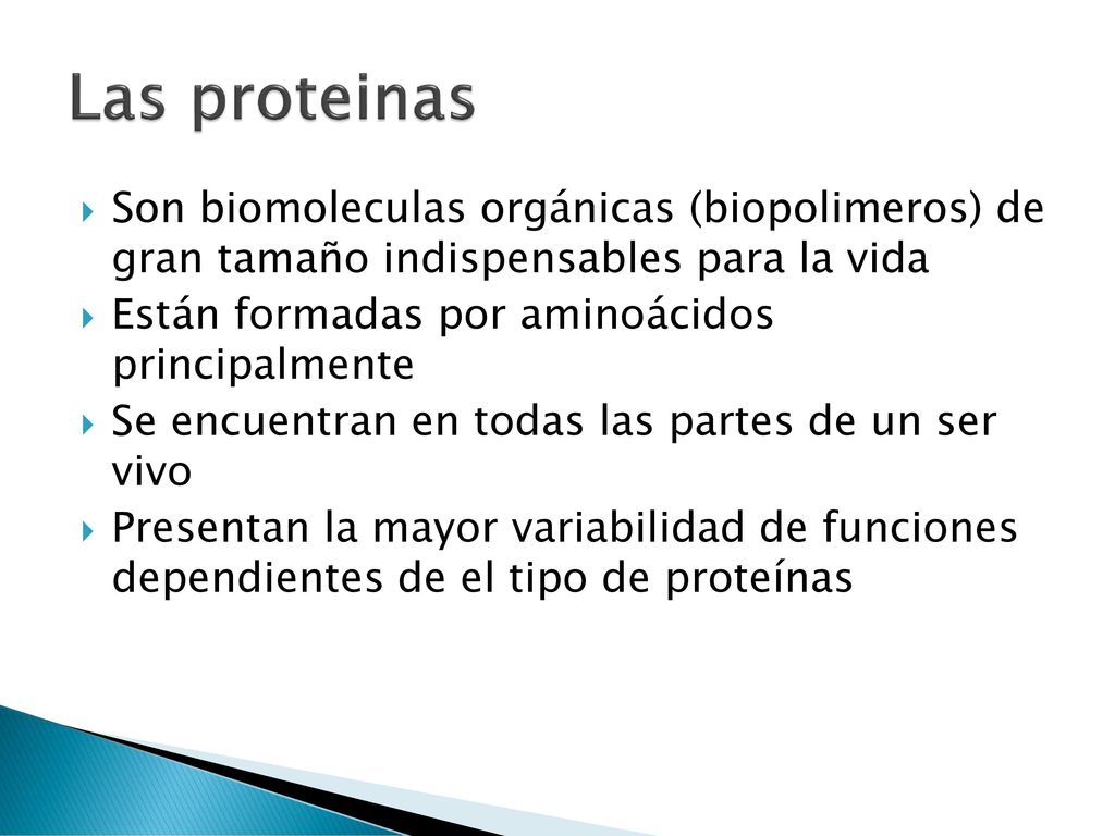 Las proteinas Son biomoleculas orgánicas (biopolimeros) de gran tamaño indispensables para la vida.