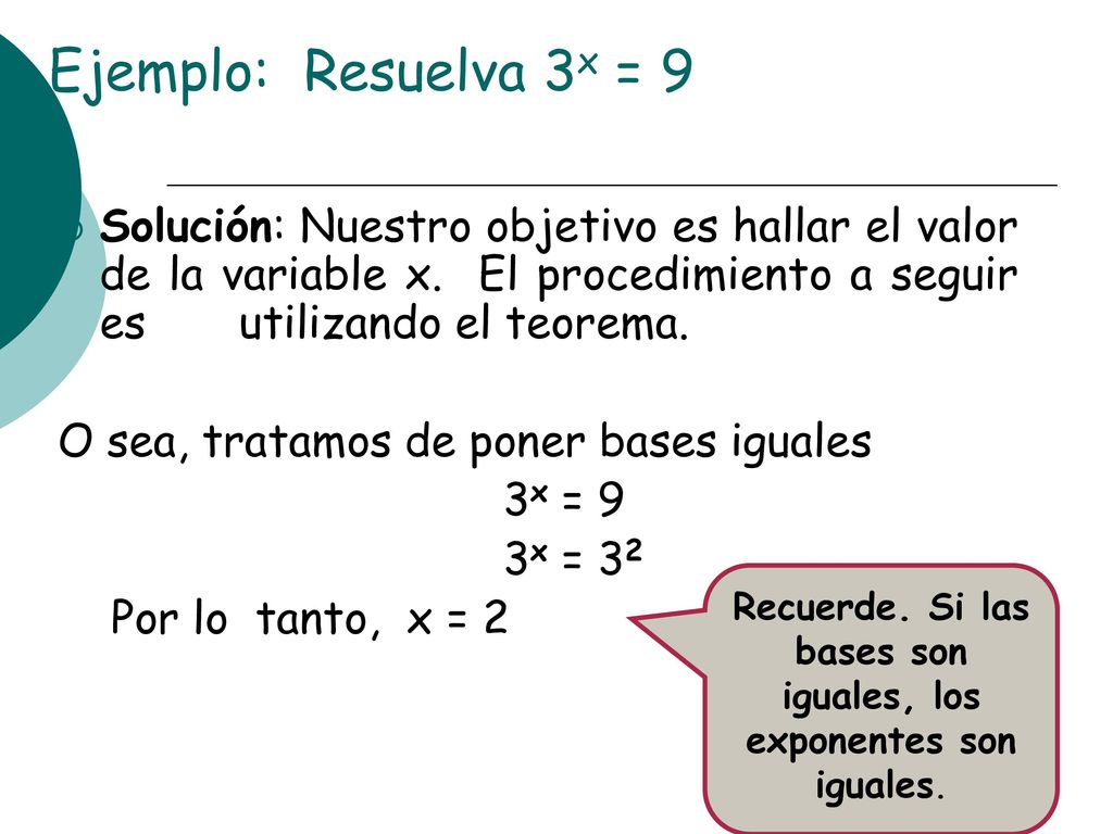 Recuerde. Si las bases son iguales, los exponentes son iguales.