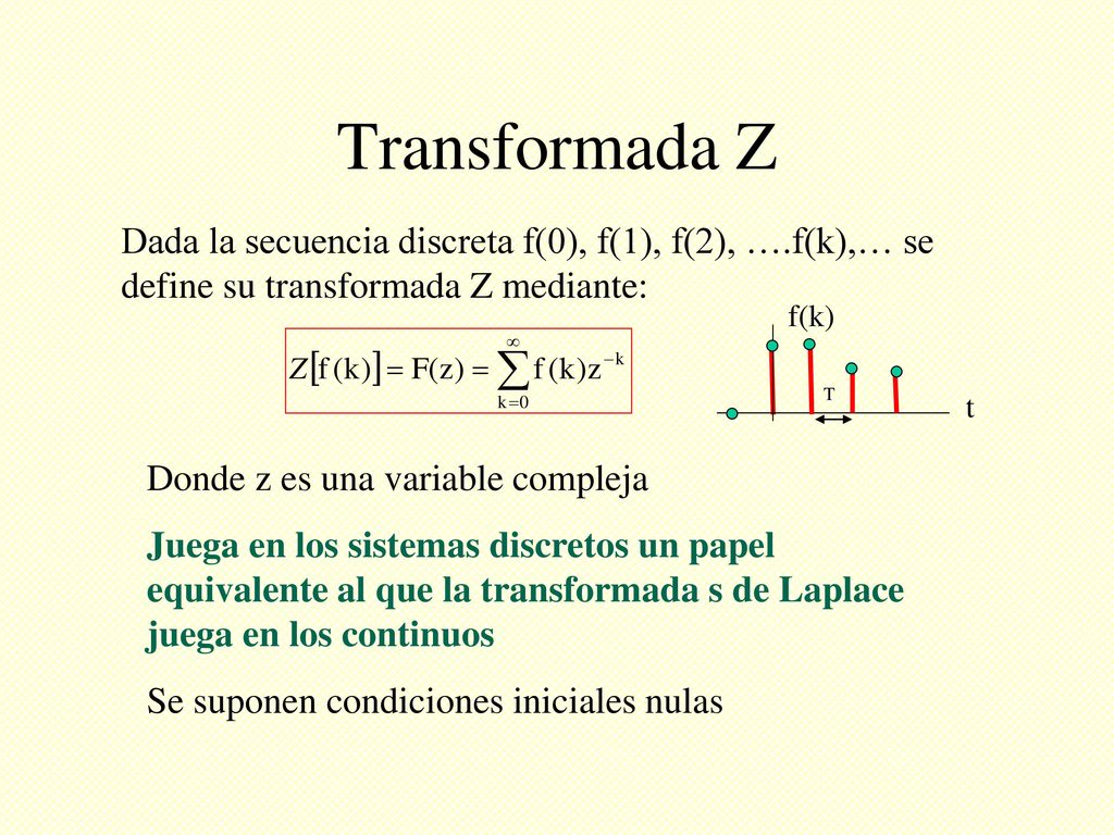 Transformada Z Dada la secuencia discreta f(0), f(1), f(2), ….f(k),… se define su transformada Z mediante: