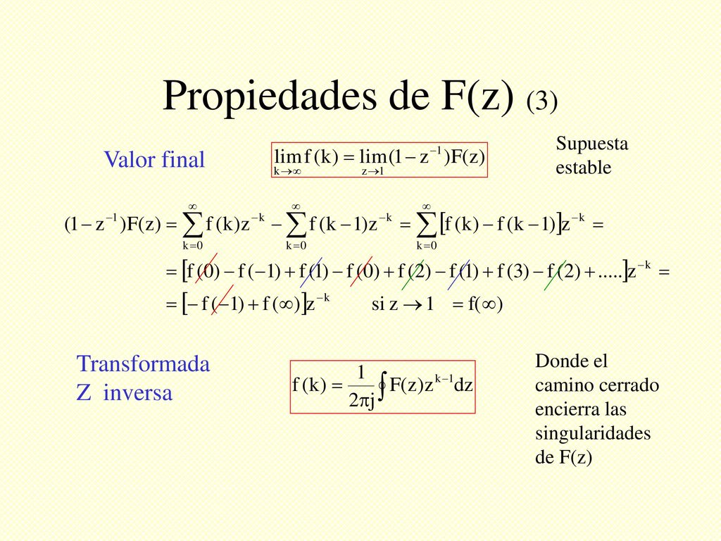 Propiedades de F(z) (3) Valor final Transformada Z inversa