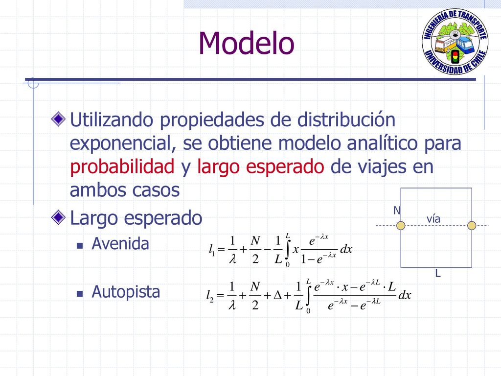 Modelo Utilizando propiedades de distribución exponencial, se obtiene modelo analítico para probabilidad y largo esperado de viajes en ambos casos.