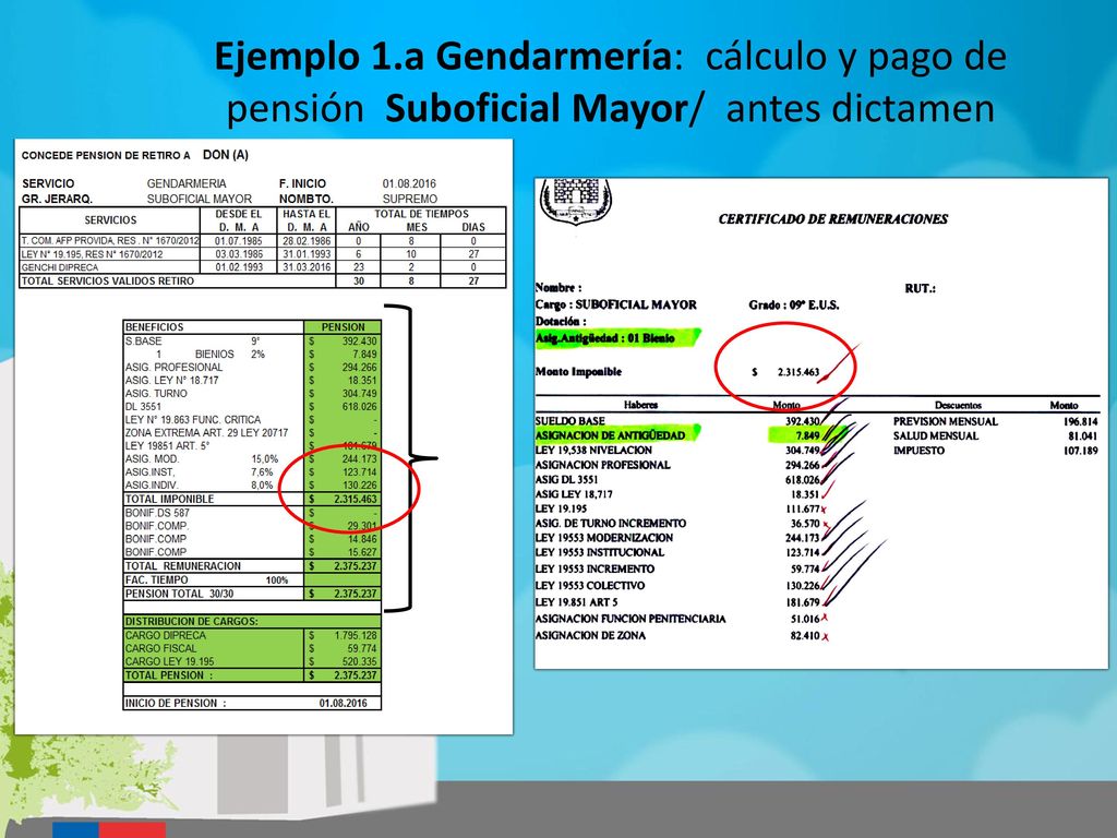 Ejemplo 1.a Gendarmería: cálculo y pago de pensión Suboficial Mayor/ antes dictamen