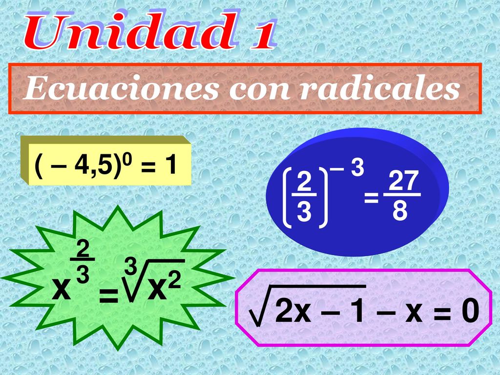 x = x2 Unidad 1 Ecuaciones con radicales 2x – 1 – x = 0 ( – 4,5)0 = 1