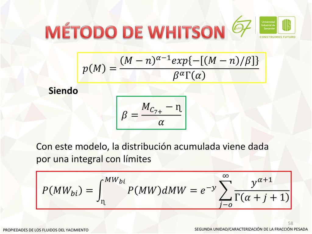 MÉTODO DE WHITSON 𝑝 𝑀 = 𝑀−𝑛 𝛼−1 𝑒𝑥𝑝 − 𝑀−𝑛 /𝛽 𝛽 𝛼 Г 𝛼 Siendo