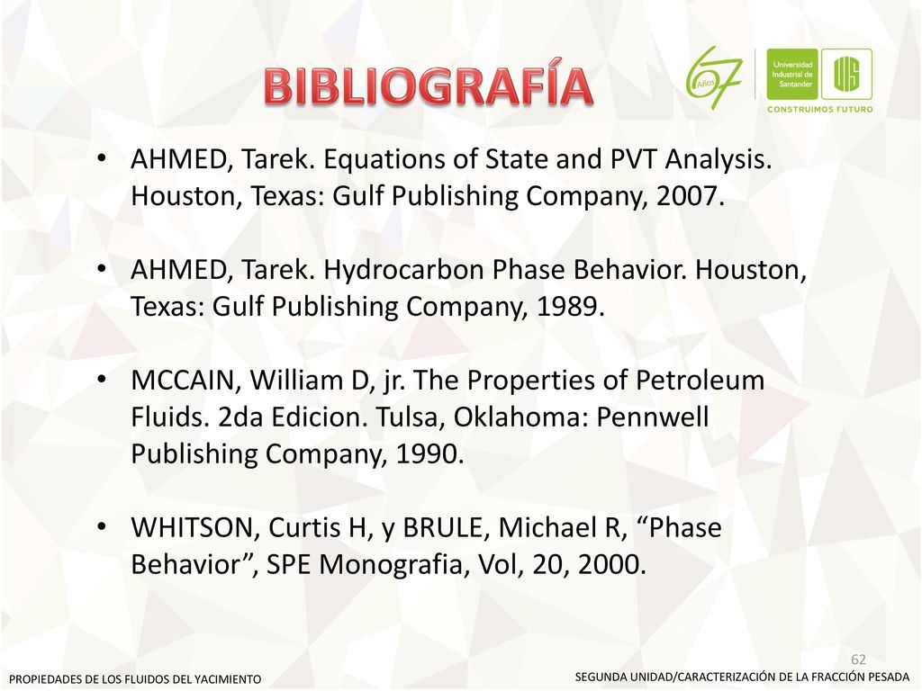 BIBLIOGRAFÍA AHMED, Tarek. Equations of State and PVT Analysis. Houston, Texas: Gulf Publishing Company,