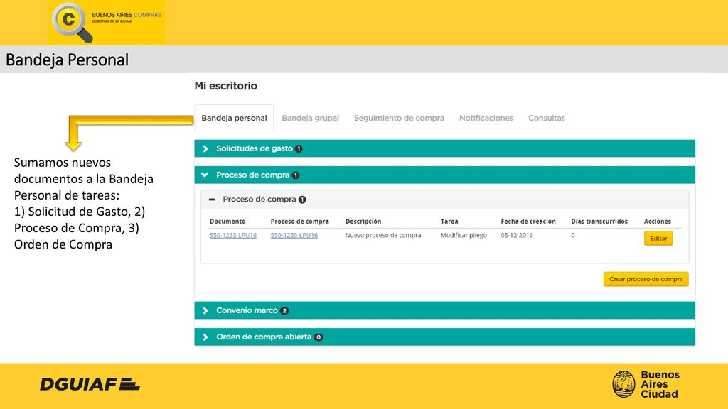 Bandeja Personal Sumamos nuevos documentos a la Bandeja Personal de tareas: 1) Solicitud de Gasto, 2) Proceso de Compra, 3) Orden de Compra.