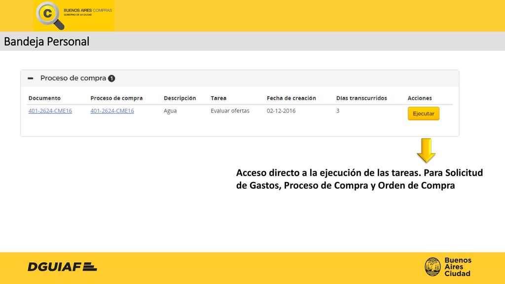 Bandeja Personal Acceso directo a la ejecución de las tareas.