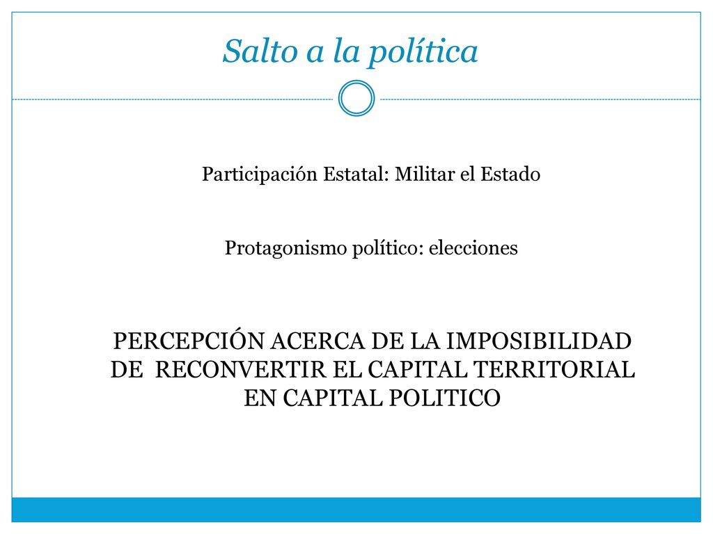 Salto a la política Participación Estatal: Militar el Estado. Protagonismo político: elecciones.