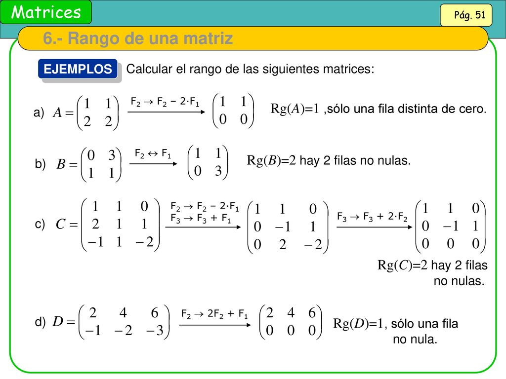6.- Rango de una matriz Rg(A)=1 ,sólo una fila distinta de cero.