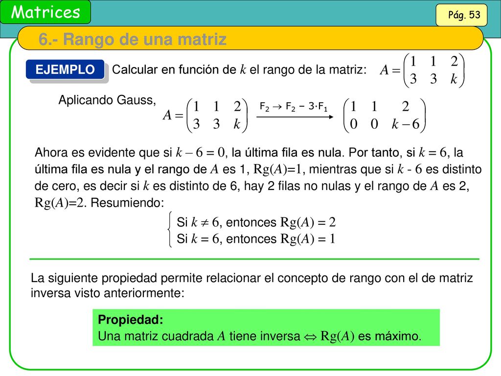 6.- Rango de una matriz EJEMPLO. Calcular en función de k el rango de la matriz: Aplicando Gauss,
