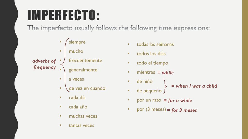 Imperfecto: The imperfecto usually follows the following time expressions: siempre. mucho. frecuentemente.