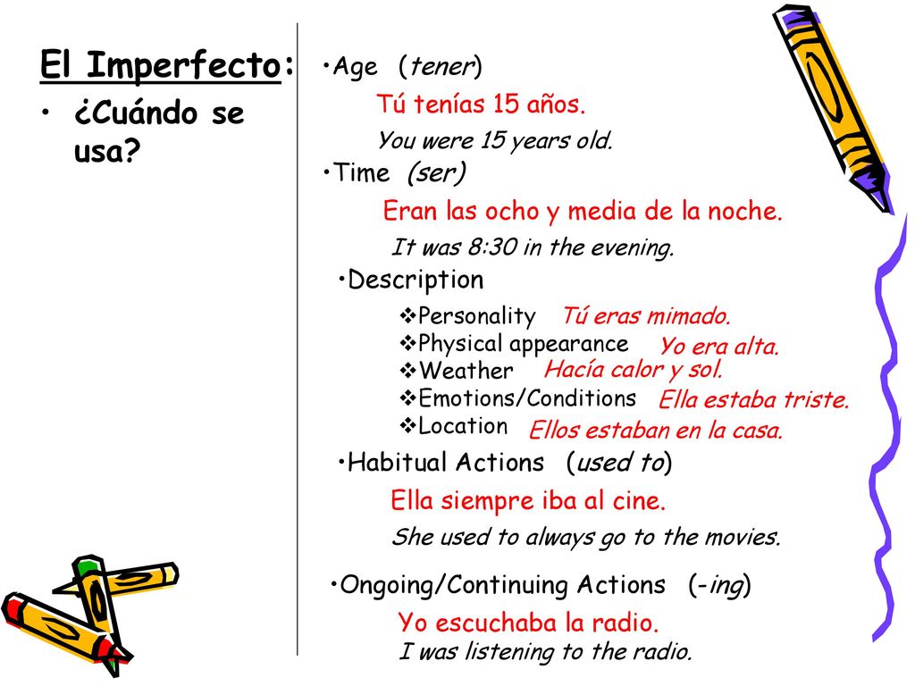 El Imperfecto: ¿Cuándo se usa Age (tener) Tú tenías 15 años. Time