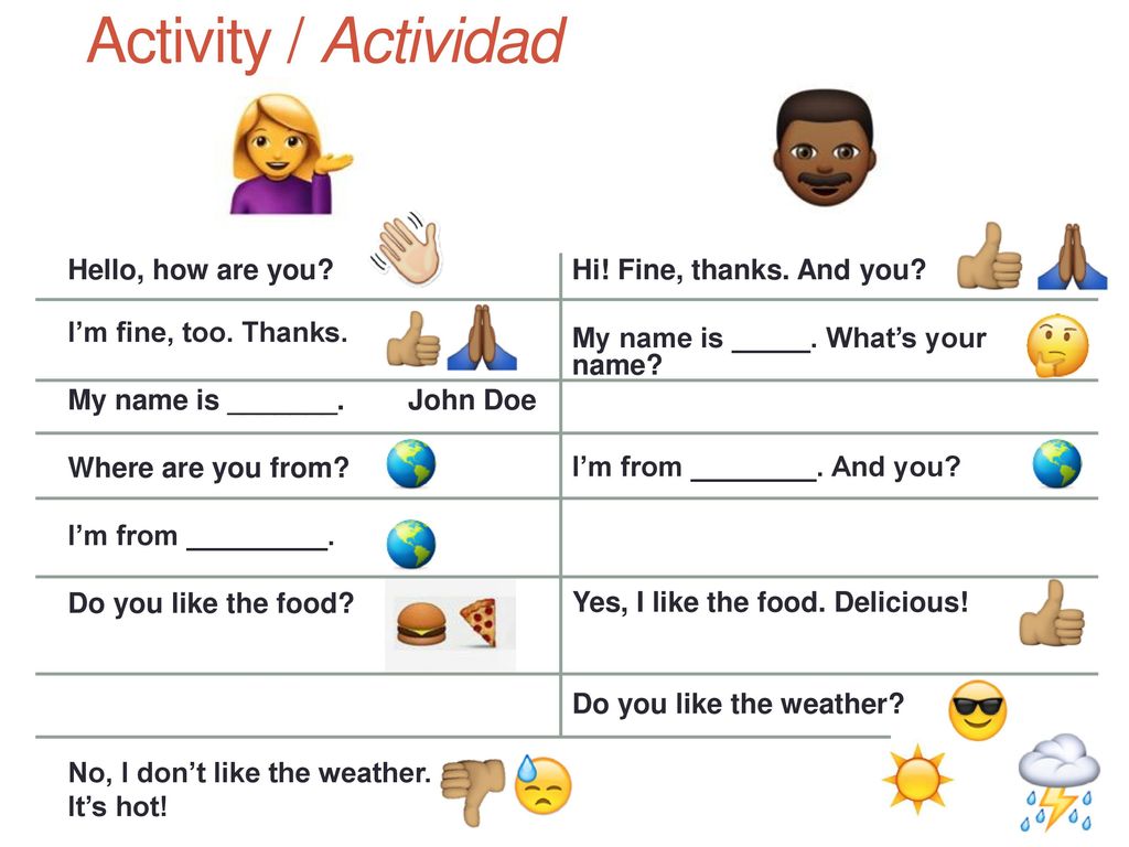 Activity / Actividad Hello, how are you I’m fine, too. Thanks.