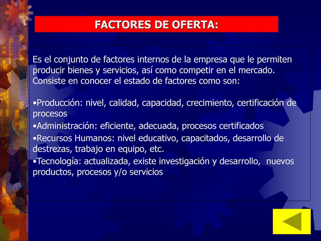 FACTORES DE OFERTA: Es el conjunto de factores internos de la empresa que le permiten producir bienes y servicios, así como competir en el mercado.