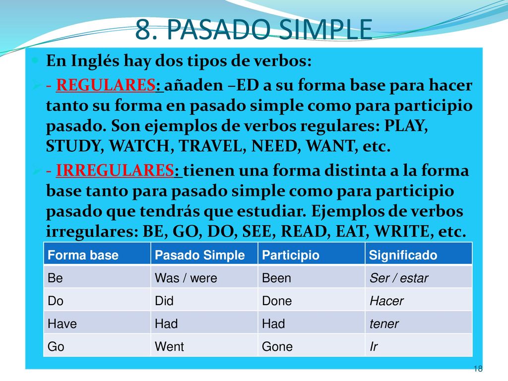 8. PASADO SIMPLE En Inglés hay dos tipos de verbos:
