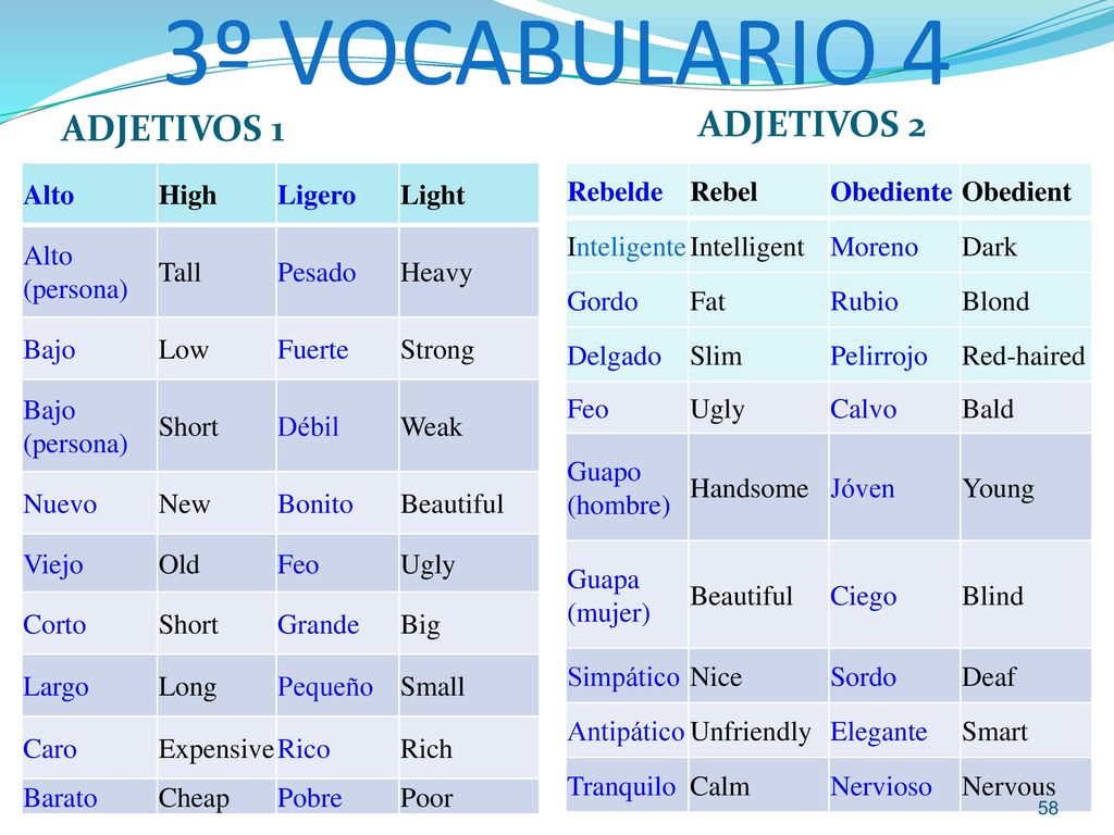3º VOCABULARIO 4 ADJETIVOS 2 ADJETIVOS 1 Alto High Ligero Light