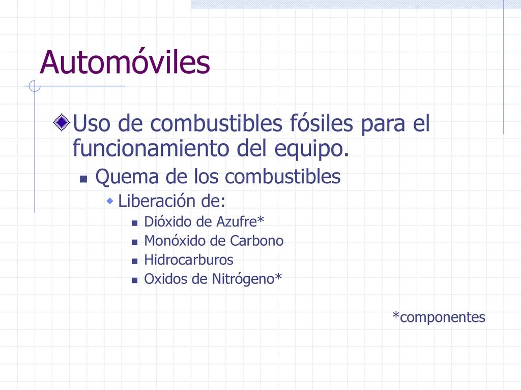 Automóviles Uso de combustibles fósiles para el funcionamiento del equipo. Quema de los combustibles.