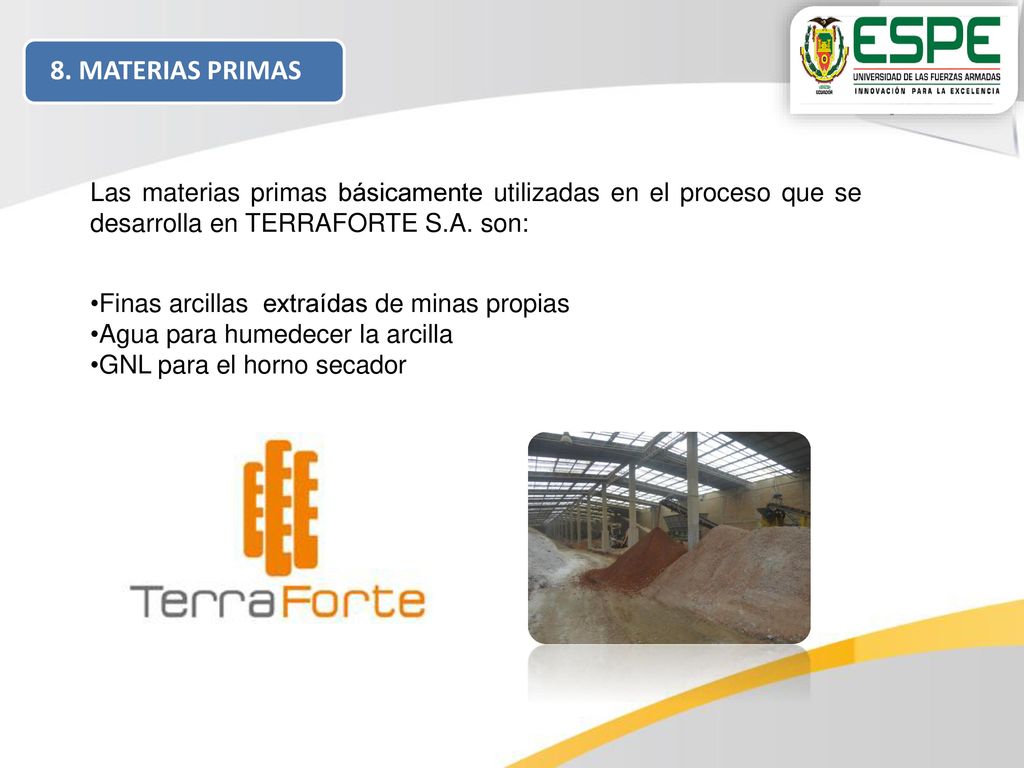 8. MATERIAS PRIMAS Las materias primas básicamente utilizadas en el proceso que se desarrolla en TERRAFORTE S.A. son: