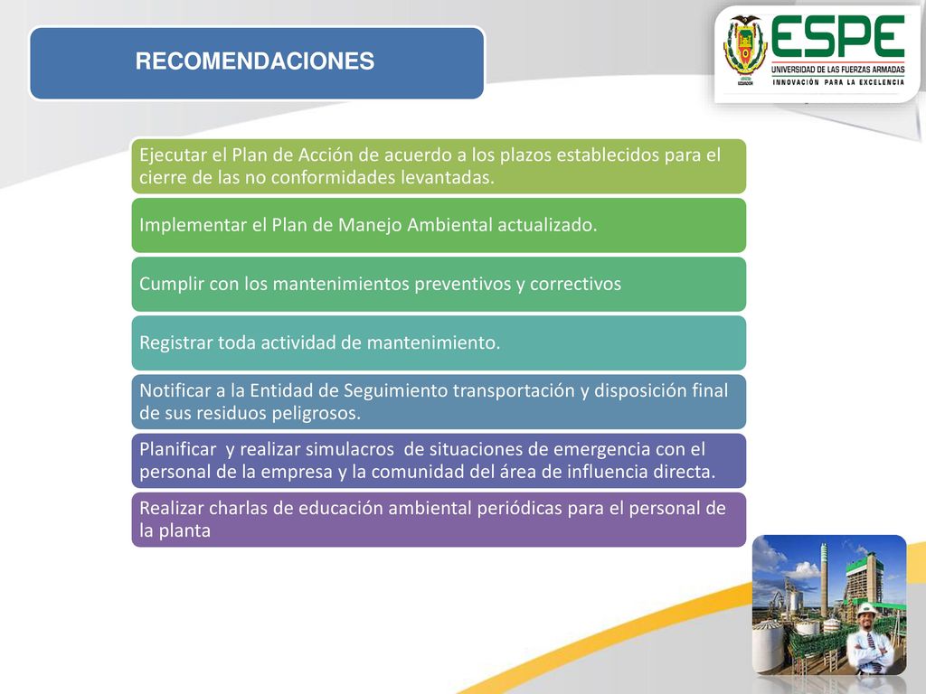 RECOMENDACIONES Ejecutar el Plan de Acción de acuerdo a los plazos establecidos para el cierre de las no conformidades levantadas.