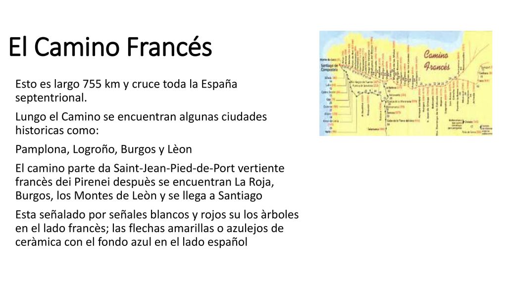 El Camino Francés Esto es largo 755 km y cruce toda la España septentrional. Lungo el Camino se encuentran algunas ciudades historicas como: