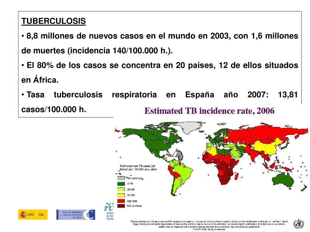 TUBERCULOSIS 8,8 millones de nuevos casos en el mundo en 2003, con 1,6 millones de muertes (incidencia 140/ h.).
