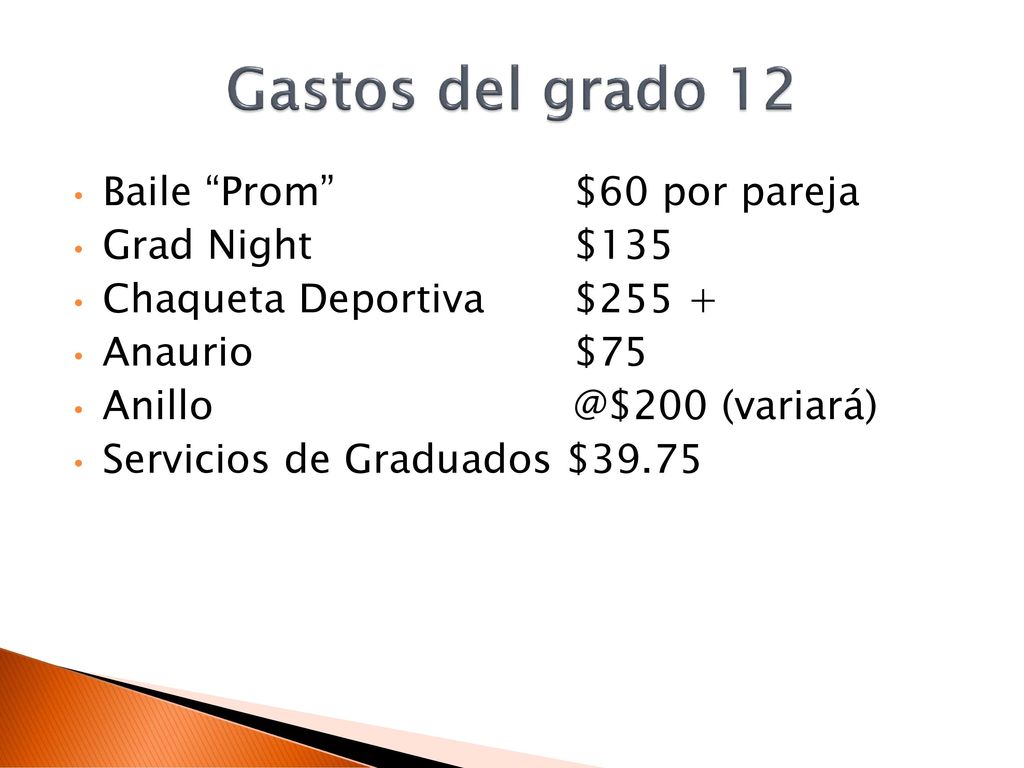 Gastos del grado 12 Baile Prom $60 por pareja Grad Night $135