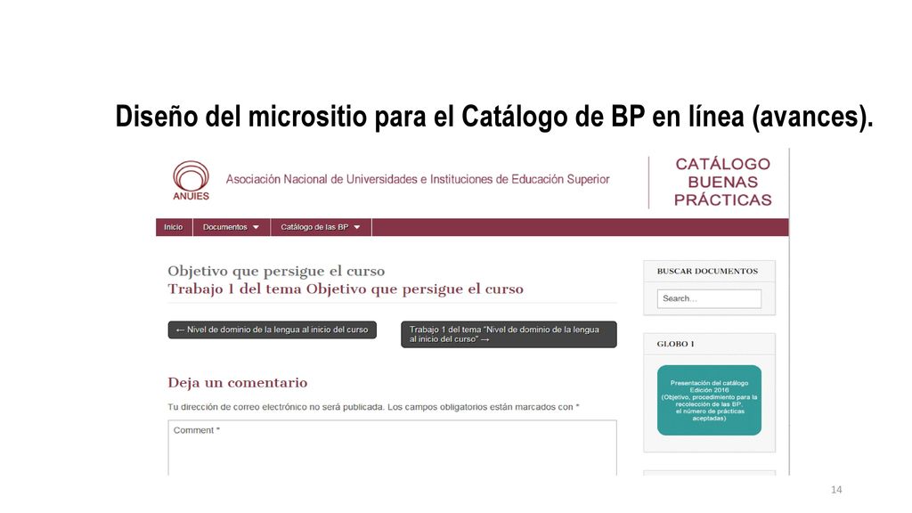 Diseño del micrositio para el Catálogo de BP en línea (avances).