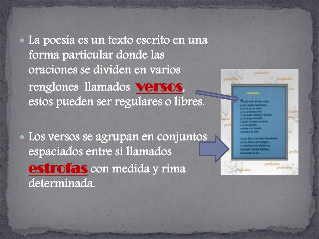 La poesía es un texto escrito en una forma particular donde las oraciones se dividen en varios renglones llamados versos, estos pueden ser regulares o libres.