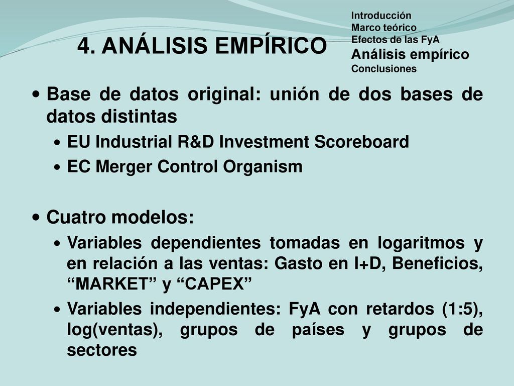 4. ANÁLISIS EMPÍRICO Introducción. Marco teórico. Efectos de las FyA. Análisis empírico. Conclusiones.