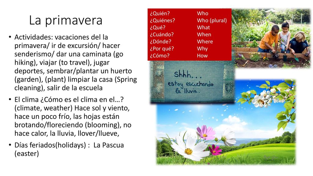 La primavera ¿Quién Who. ¿Quiénes Who (plural) ¿Qué What. ¿Cuándo When. ¿Dónde Where. ¿Por qué Why.