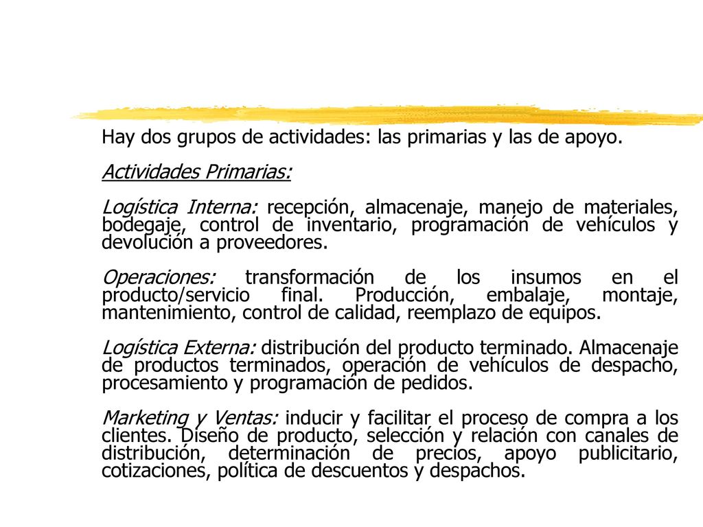 Hay dos grupos de actividades: las primarias y las de apoyo.